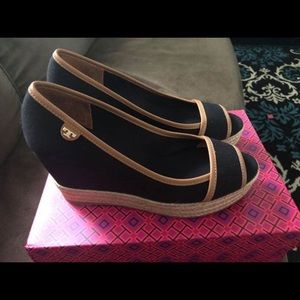 Black and brown Tory Burch wedges